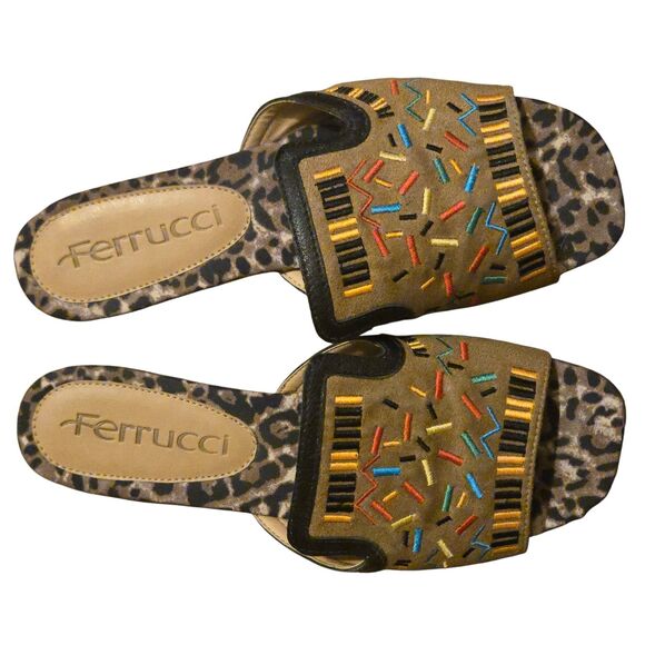 Ferrucci Leopard Embroidered Sandal US 7B Leather Suede Hand Made Maximalist - Picture 2 of 12